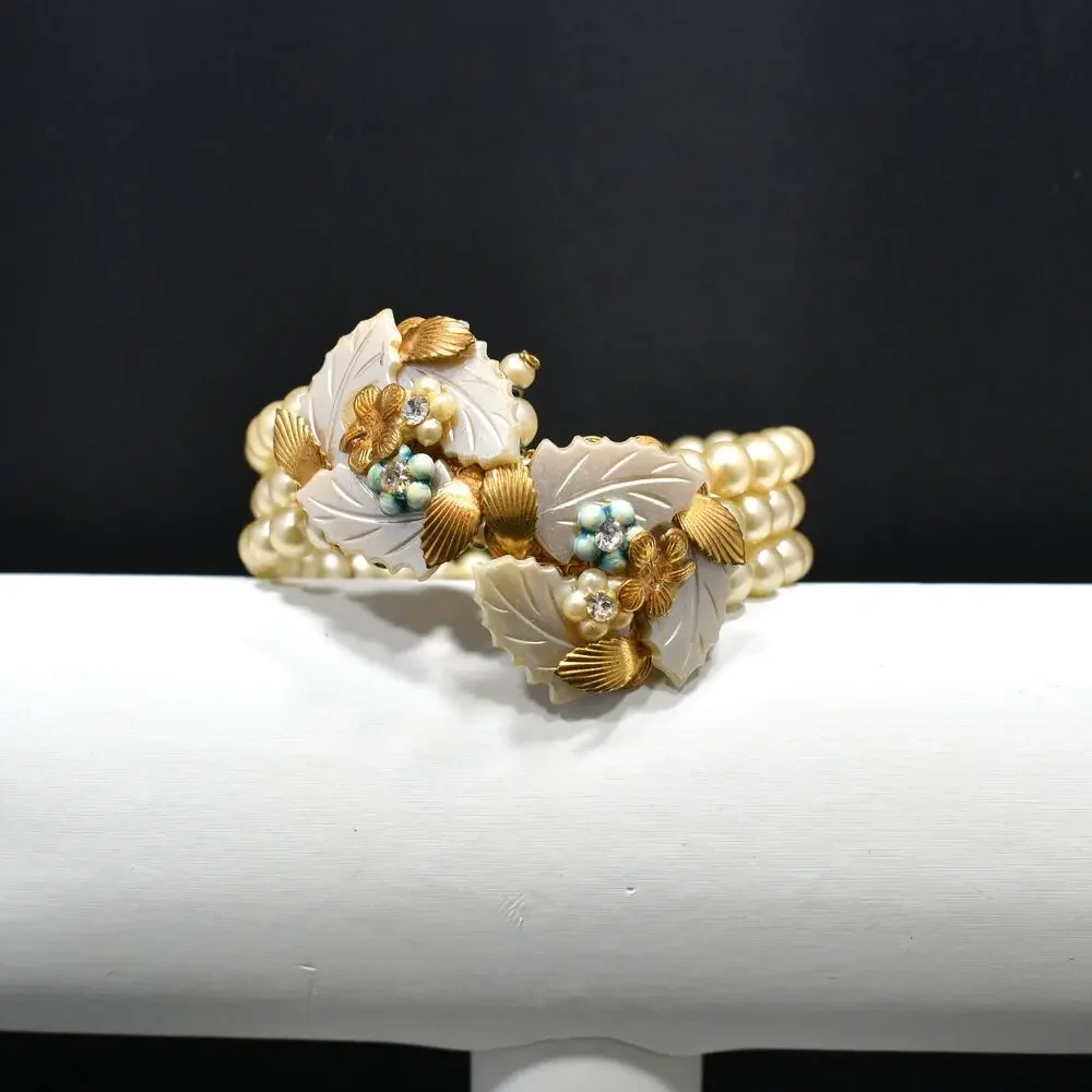 Vintage Faux Pearl Memory Wire Bracelet, Hand Carved Leaves, 1960s